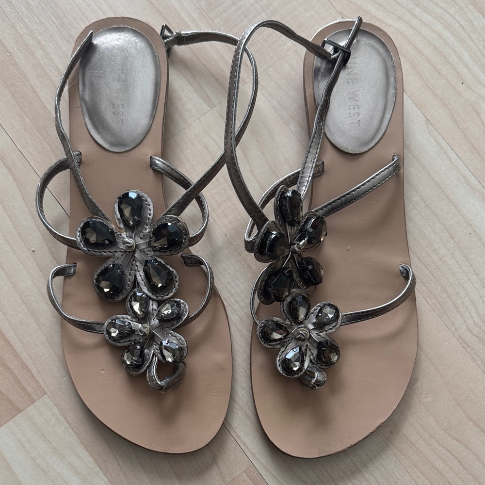 Nine West Metallic Sandals with Black Floral Accents
